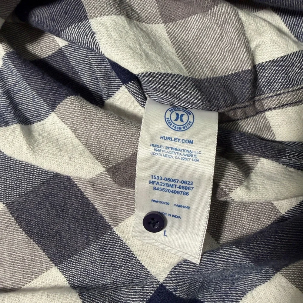 Hurley Mens Large Navy Blue Grey Plaid Long Sleeve Button Down Flannel Shirt L